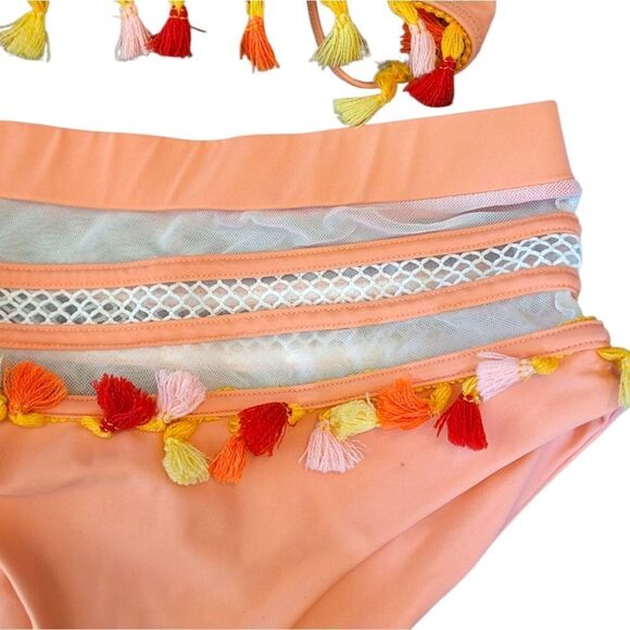 Tularosa Peach Mesh Panel Tassel High Waisted Bikini Set Size S/M - Picture 2 of 6